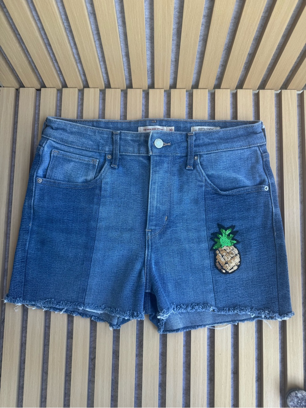 Levi's Blue Denim Shorts with Sequin Pineapple Patch